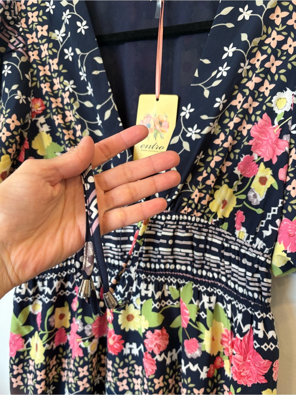 NEW Entro Navy Floral Midi Dress with Pink & Lime Accents large nwt - Picture 4 of 14